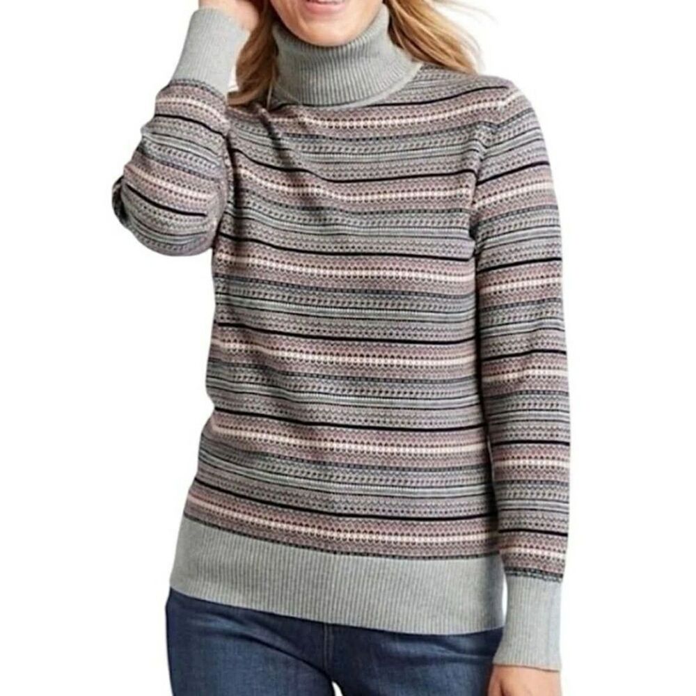 L.L.Bean Fair Isle Gray, Black & Pink Striped Cotton Turtleneck Sweater, M